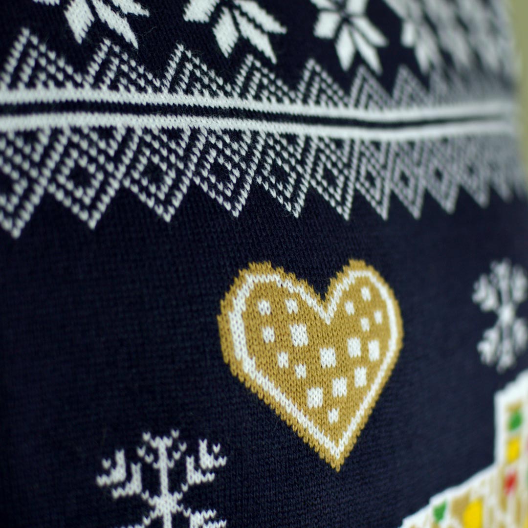 detail LED light-up Couple's Christmas Jumper with Gingerbread House