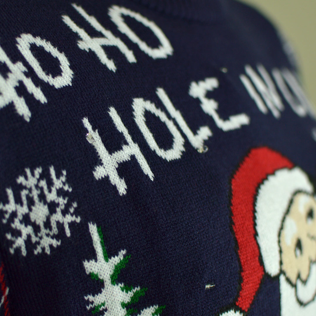 detail LED light-up Couple's Christmas Jumper with Santa playing Golf