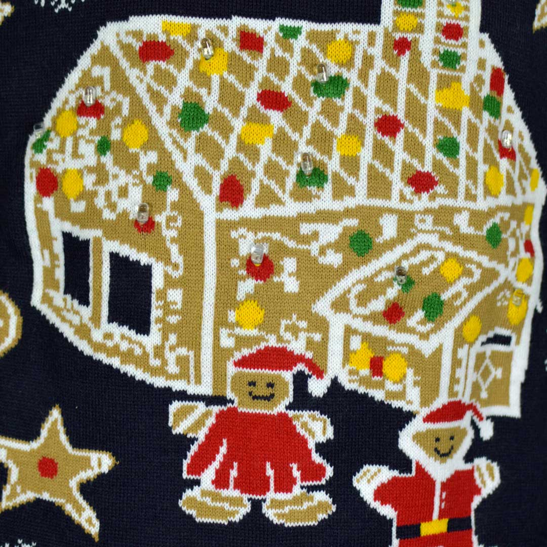 LED light-up Men's Christmas Jumper with Gingerbread House detail