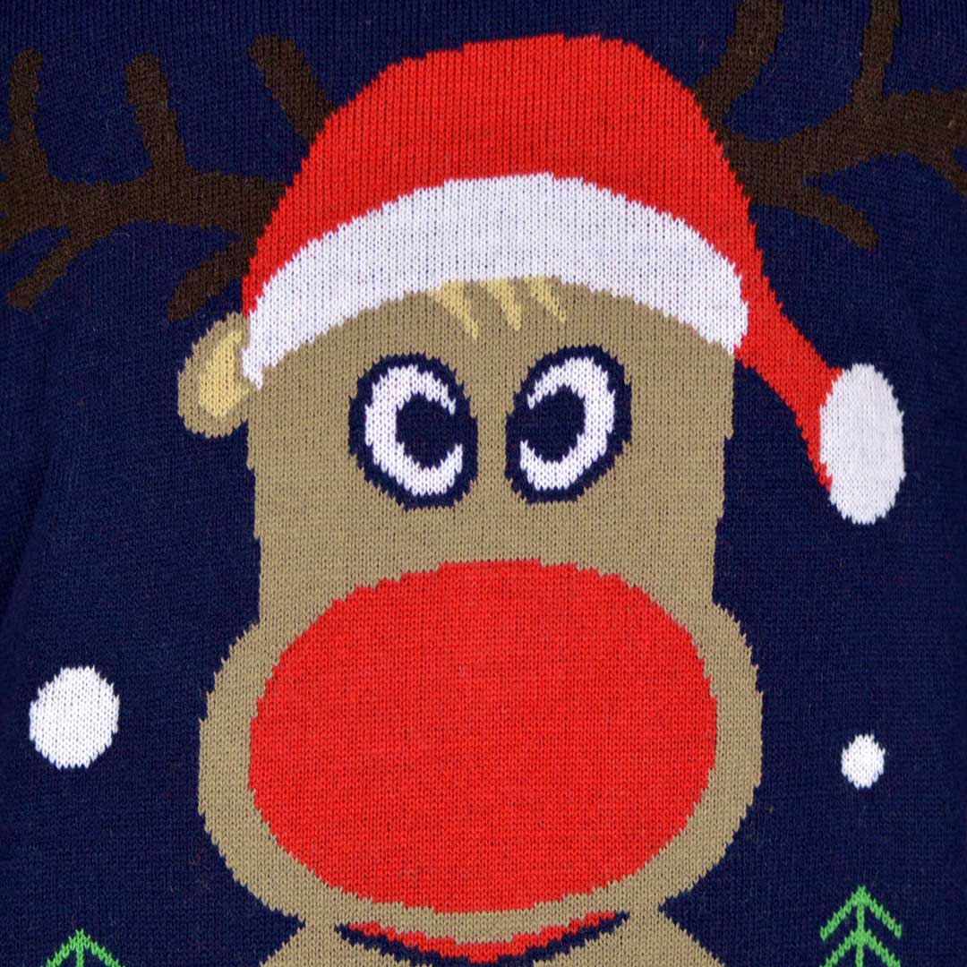 detail Navy Blue Men's Christmas Jumper with Reindeer and Snow