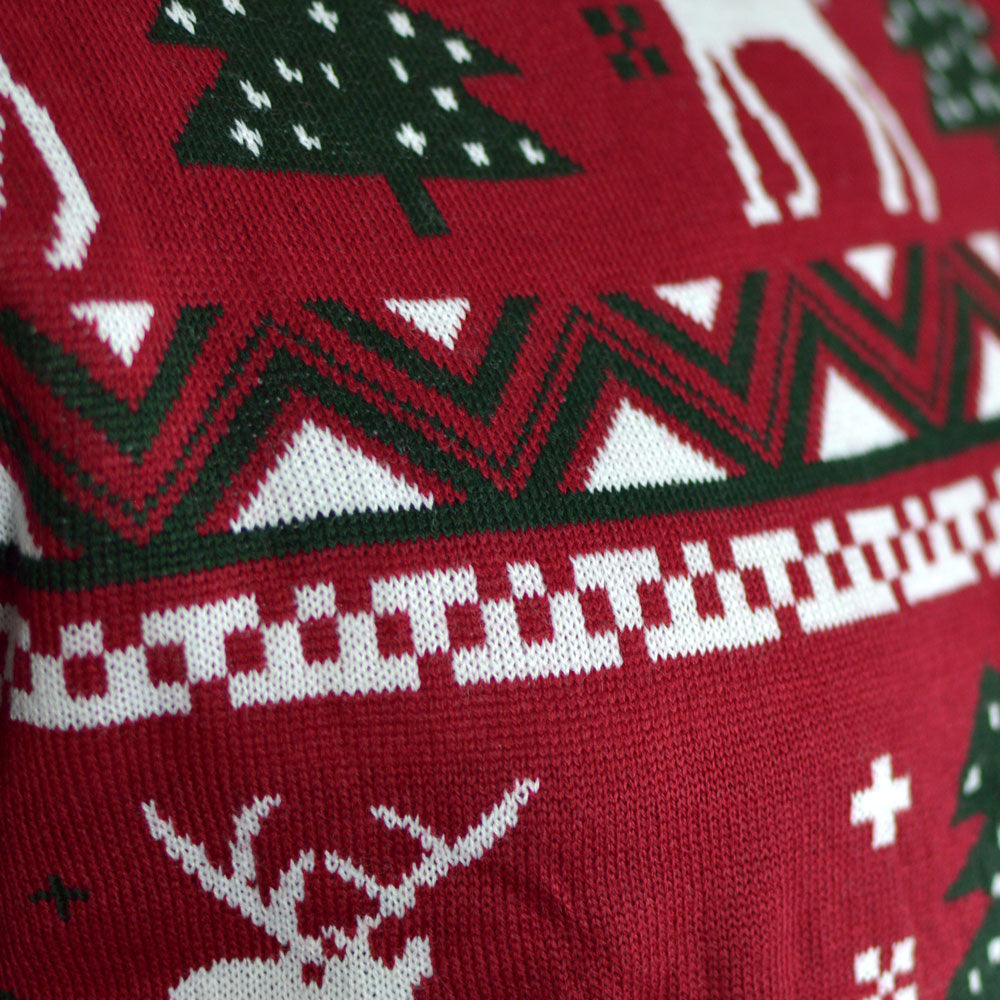 detail Red Couple's Christmas Jumper with Reindeers and Christmas Trees