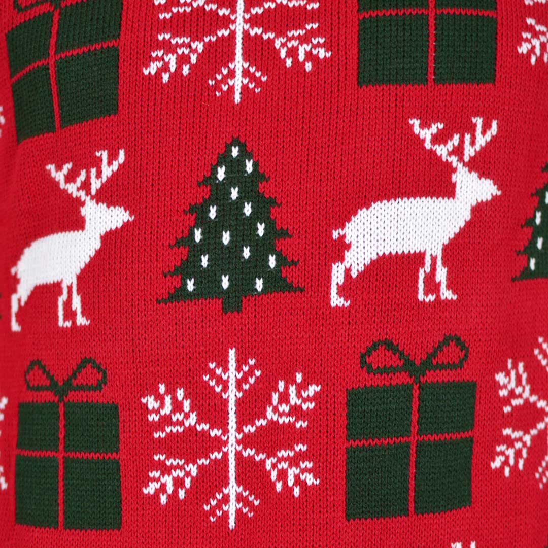 detail Red Couple's Christmas Jumper with Reindeers, Gifts and Trees