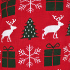 detail Red Couple's Christmas Jumper with Reindeers, Gifts and Trees