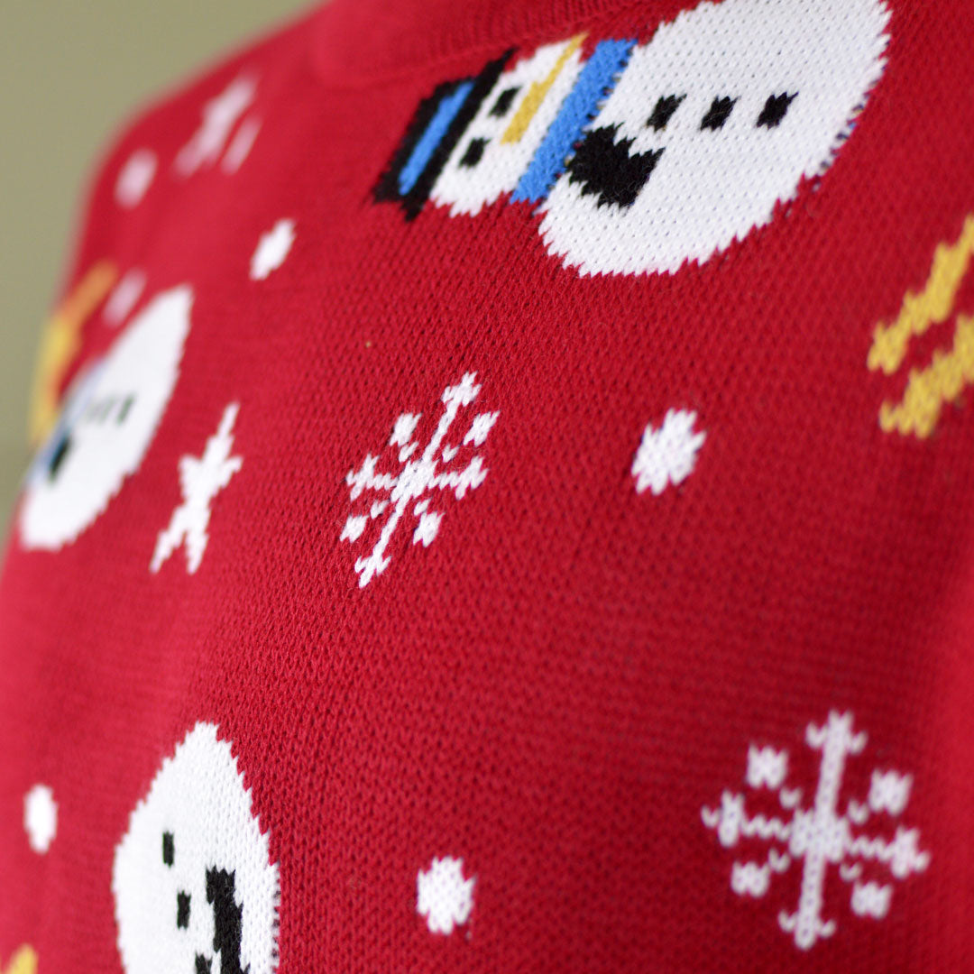 Red Couple's Christmas Jumper with Santa, Trees and Snowmens detail