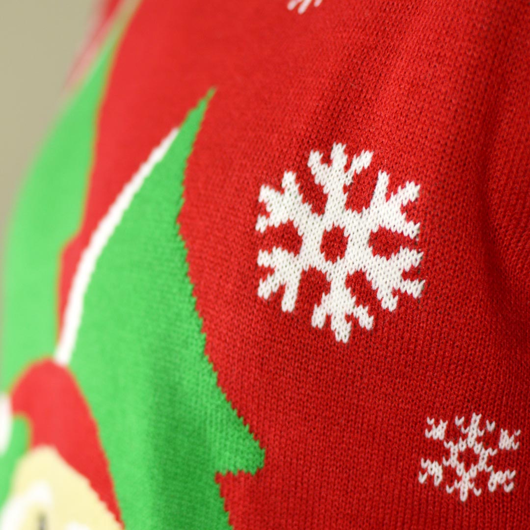 Detail Red Family Christmas Jumper with Santa and Reindeer Greeting 