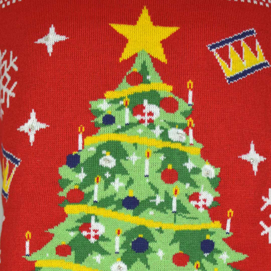 Red LED light-up Couple's Christmas Jumper with Christmas Tree detail