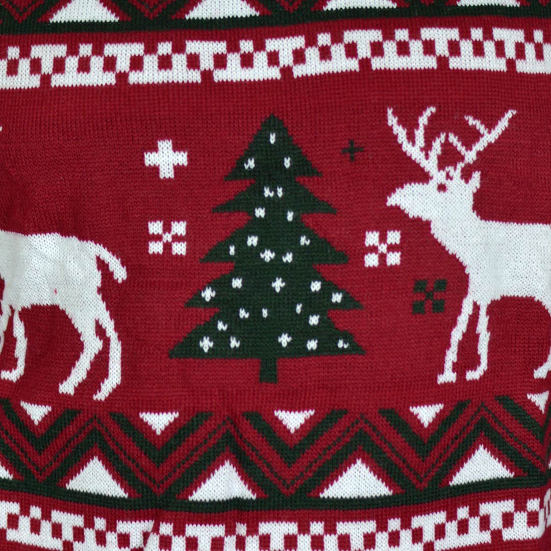 Red Men's Christmas Jumper with Reindeers and Christmas Trees detail