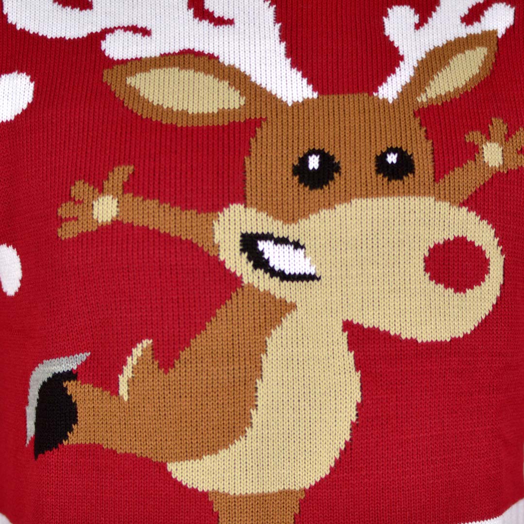 detail Red Men's Christmas Jumper with Skating Reindeer