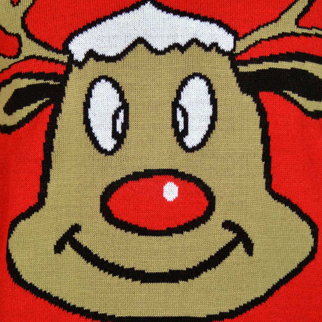 Red Men's Christmas Jumper with Smiling Reindeer detail