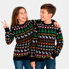 Family Childrens Black Christmas Jumper with Trees, Reindeer and Gifts
