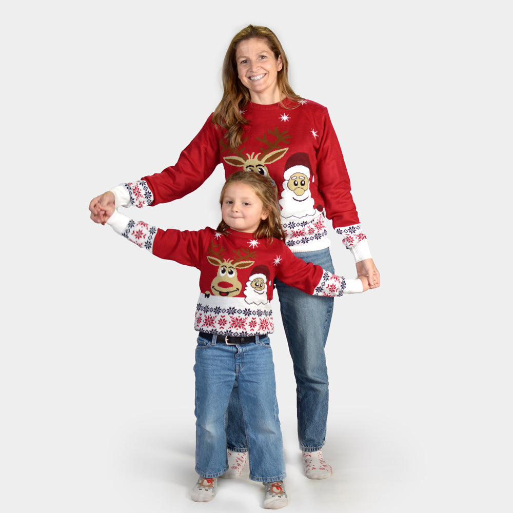 Family Christmas Jumper with Santa and Rudolph Smiling
