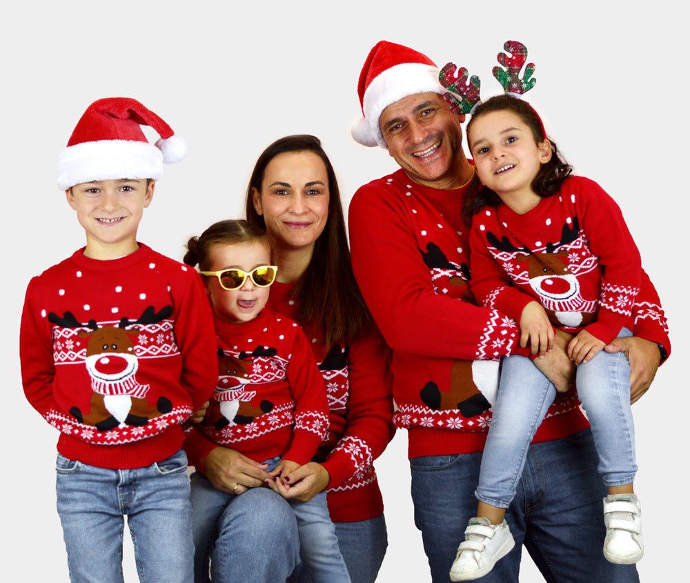 Red Boys Family Girls Christmas Jumper with Rudolph the Happy Reindeer
