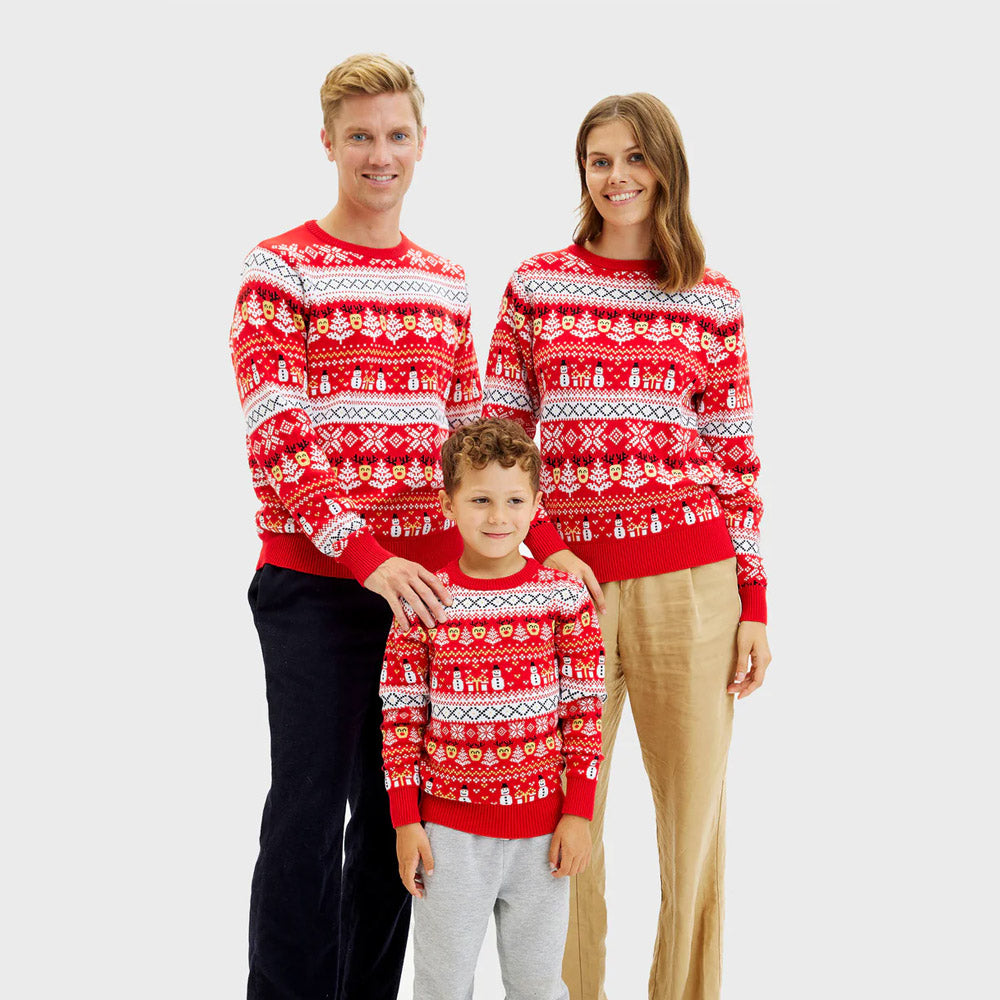 Red Organic Cotton Boys and Girls Christmas Jumper Family Snowmen Trees
