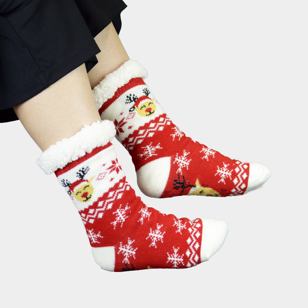 Fluffy Christmas Socks Reindeer with Santa Hat