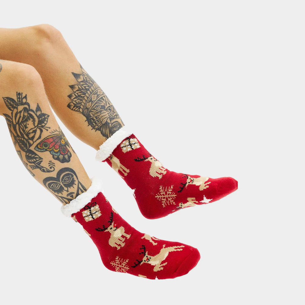 Fluffy Christmas Socks with Reindeers and Gifts
