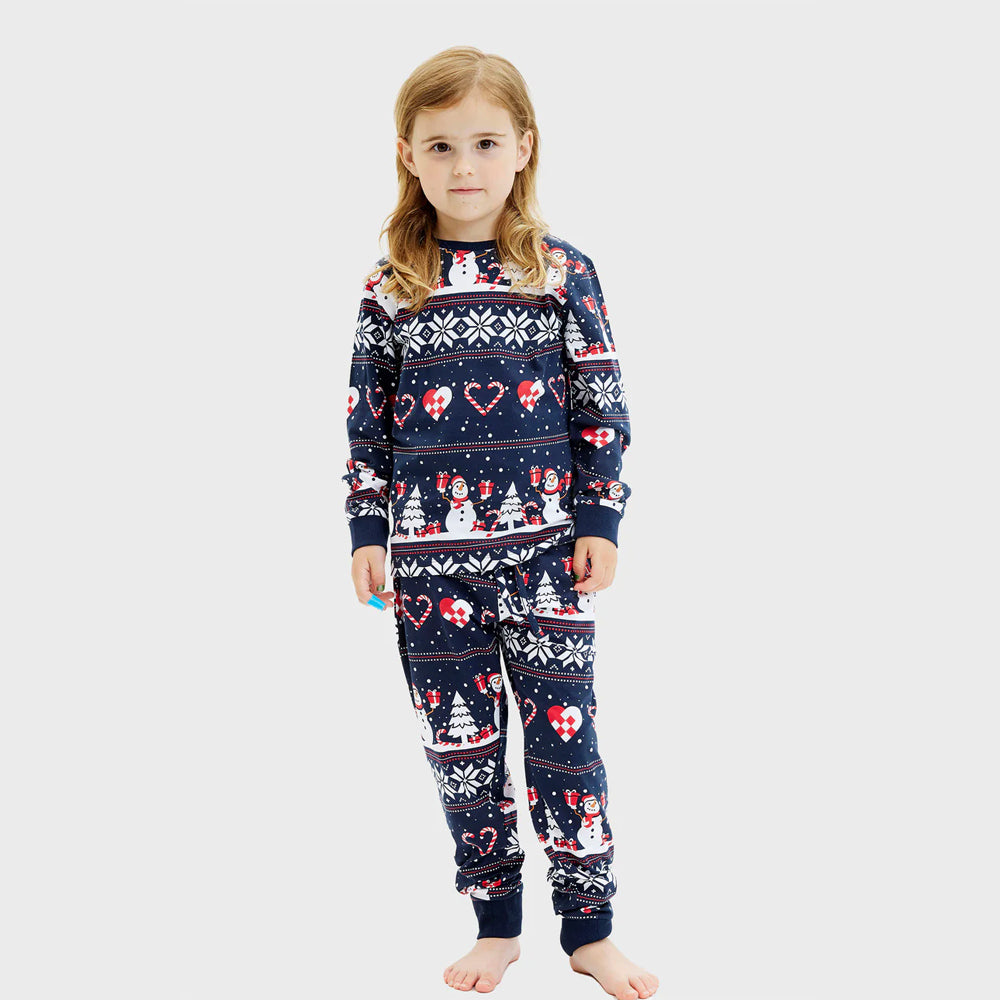 Blue Girls Christmas Pyjama for Children with Snowmen and Hearts

