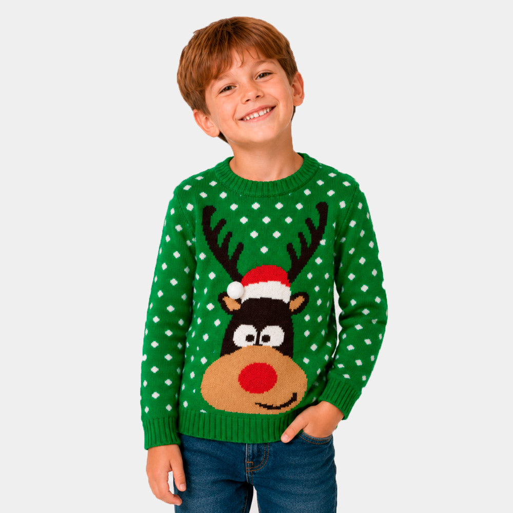 Green 3D Childrens Christmas Jumper Reindeer with Santa's hat Boy