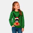 Green 3D Childrens Christmas Jumper Reindeer with Santa's hat Girl
