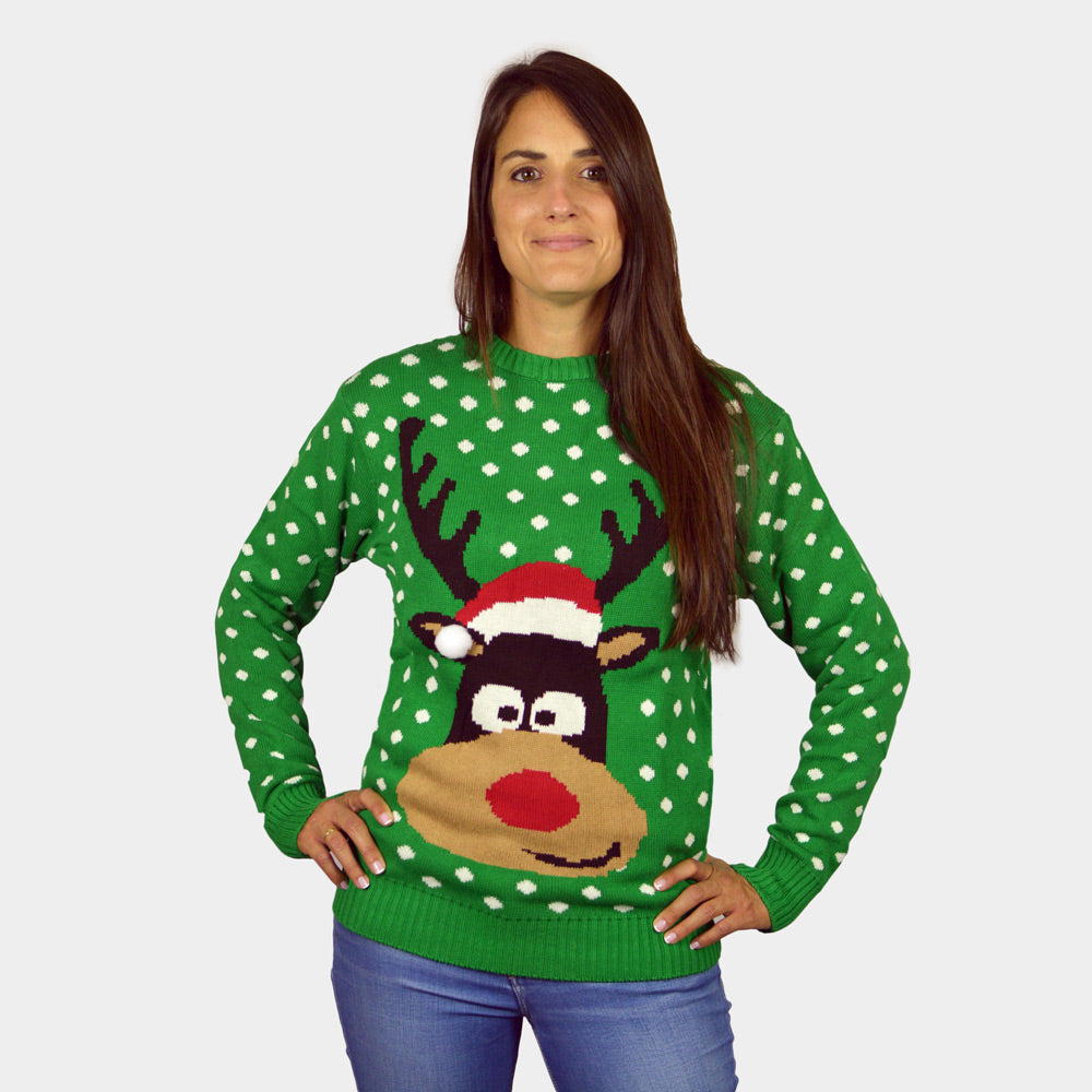 Green 3D Couple's Christmas Jumper Reindeer with Santa's hat Womens