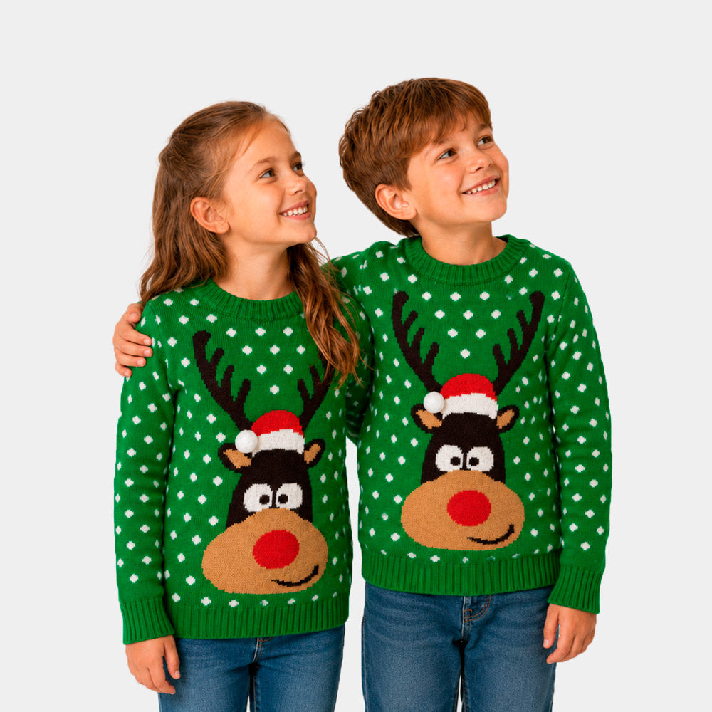 Green 3D Mens Christmas Boys Jumper Reindeer with Santa's hat