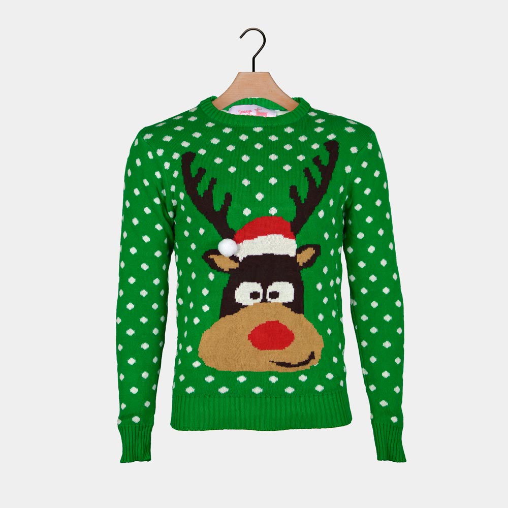 Green 3D Men's Christmas Jumper Reindeer with Santa's hat