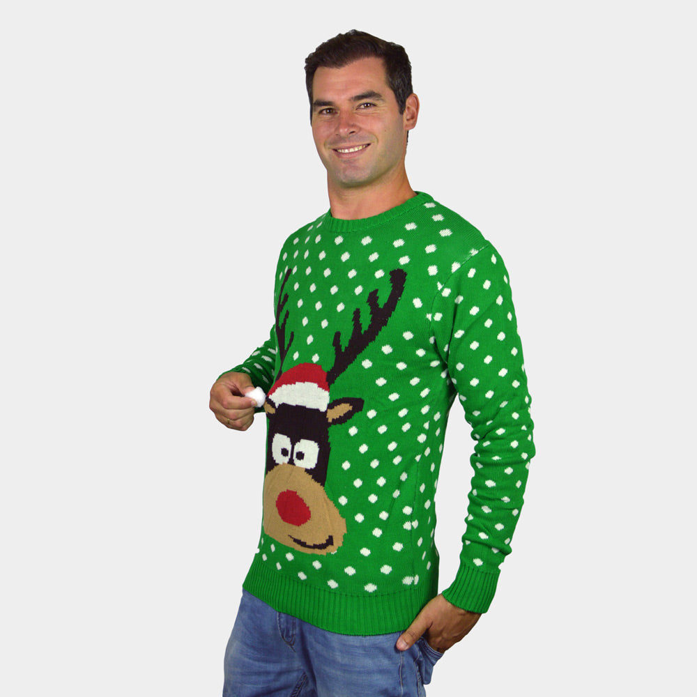 Green 3D Womens Mens Christmas Jumper Reindeer with Santa's hat
