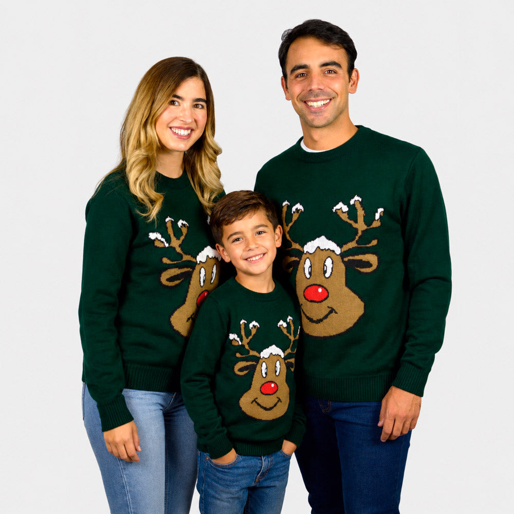 Green Christmas Jumper with Smiling Reindeer Family 
