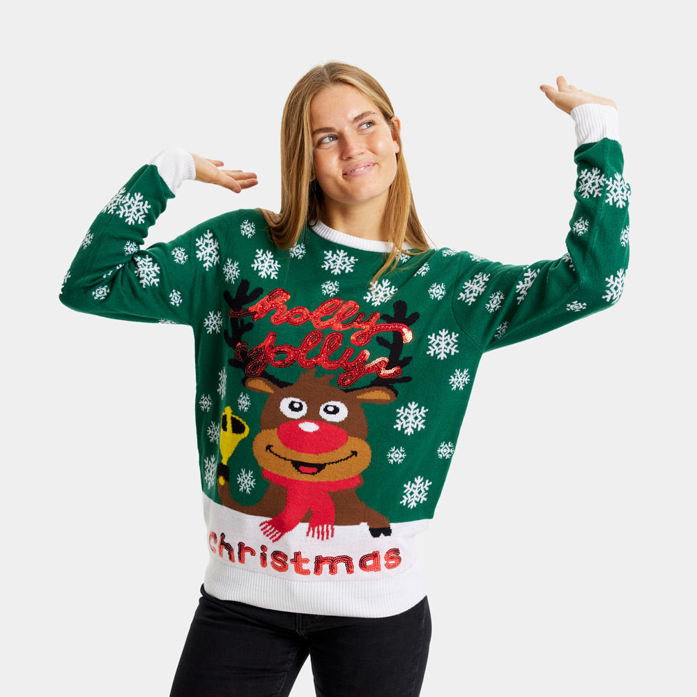 Green Couple's Christmas Jumper Holly Jolly with Sequins womens