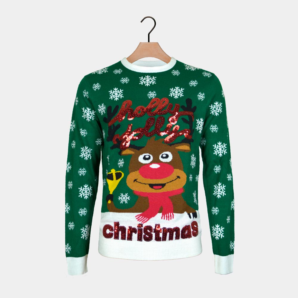 Green Couple's Christmas Jumper Holly Jolly with Sequins