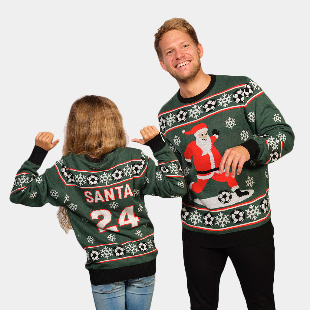 Kids Green Couple's Christmas Jumper with Santa playing Football