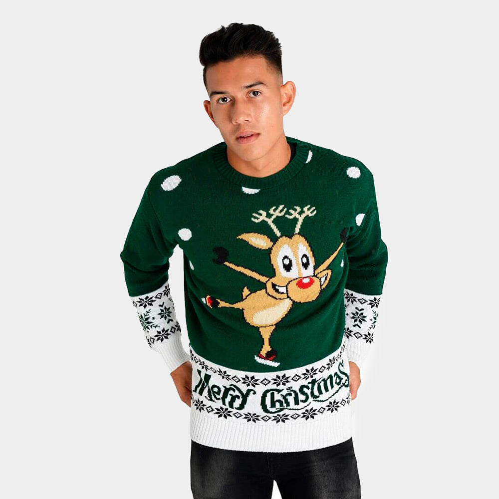 Green Couple's Christmas Jumper with skating Reindeer mens