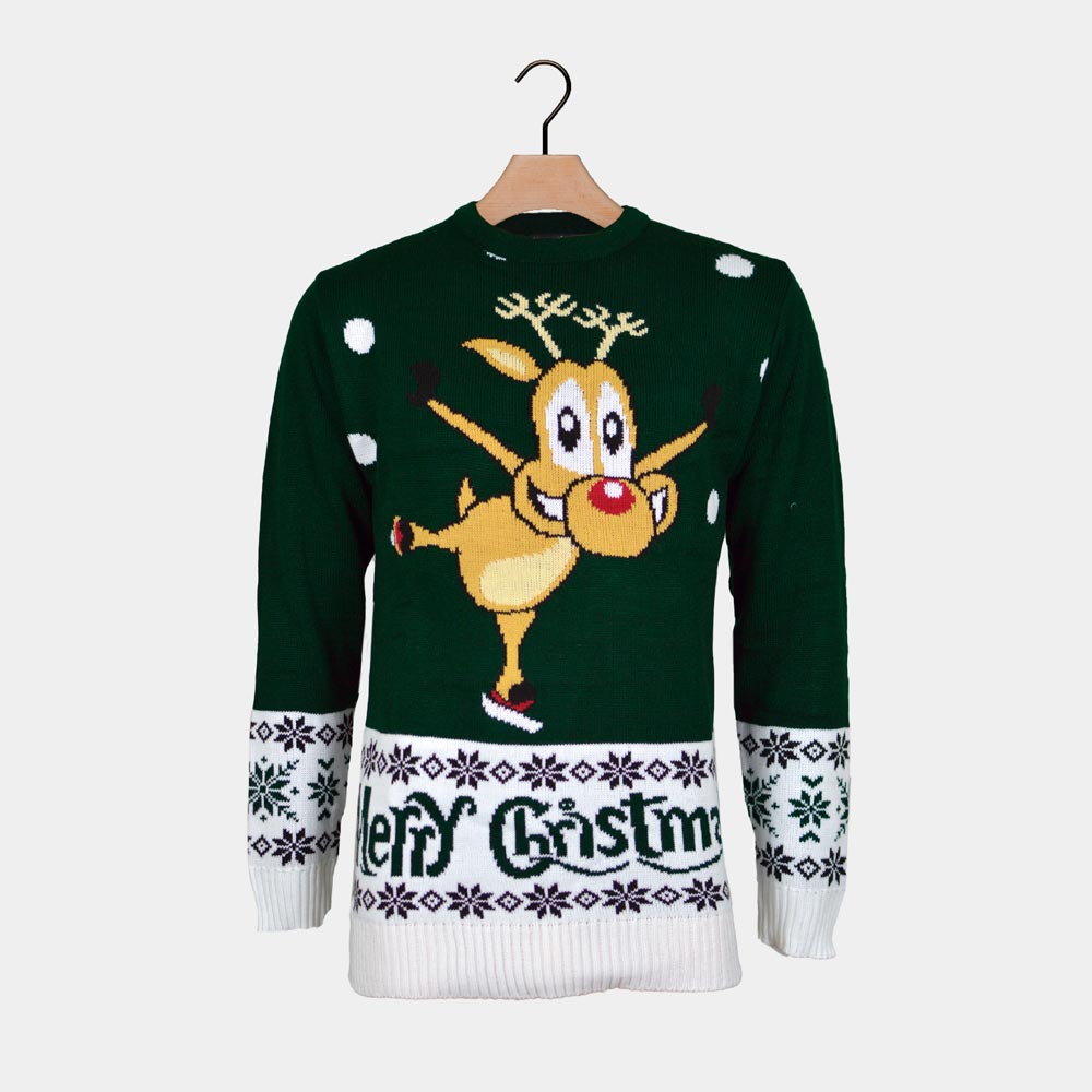 Green Couple's Christmas Jumper with skating Reindeer