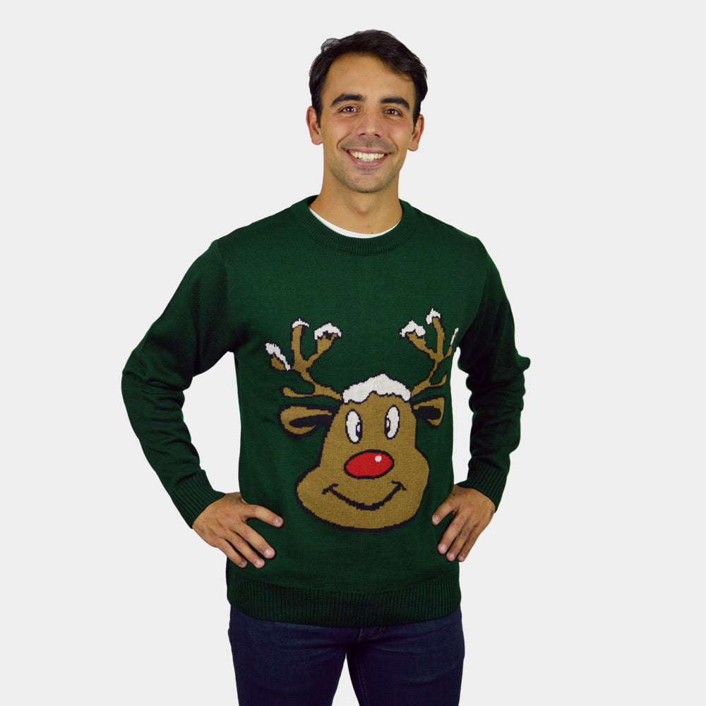 Green Couple's Christmas Jumper with Smiling Reindeer mens