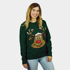 Green Couple's Christmas Jumper with Smiling Reindeer womens