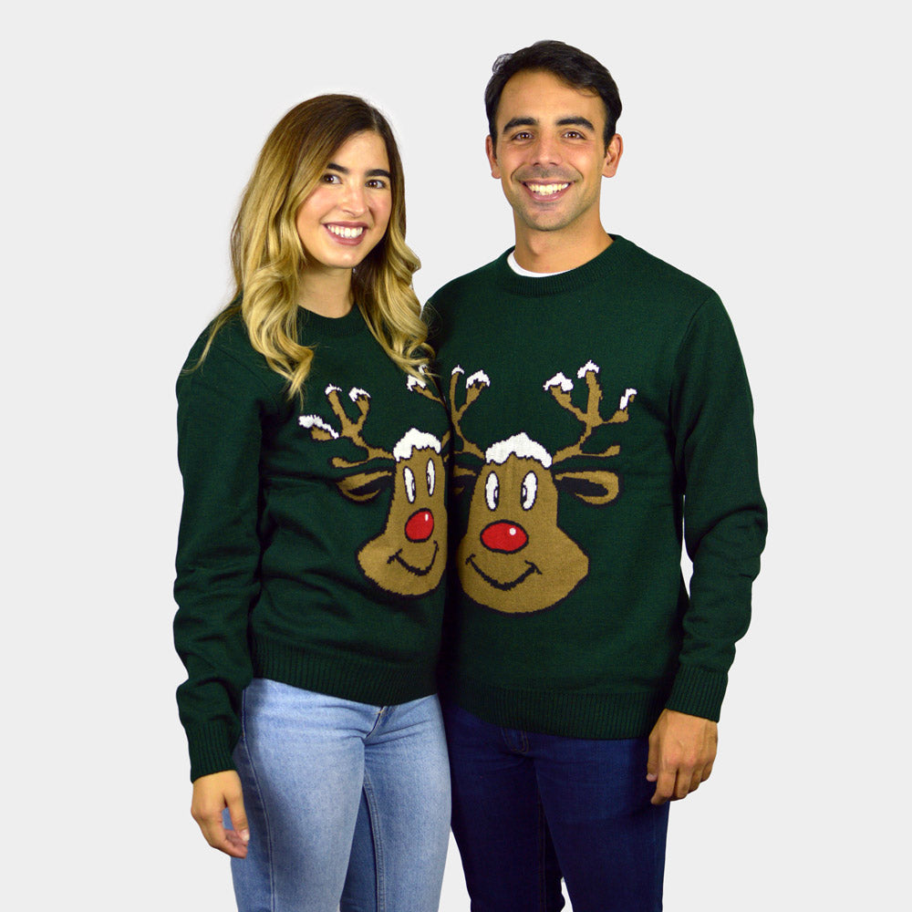 Green Couple's Christmas Jumper with Smiling Reindeer