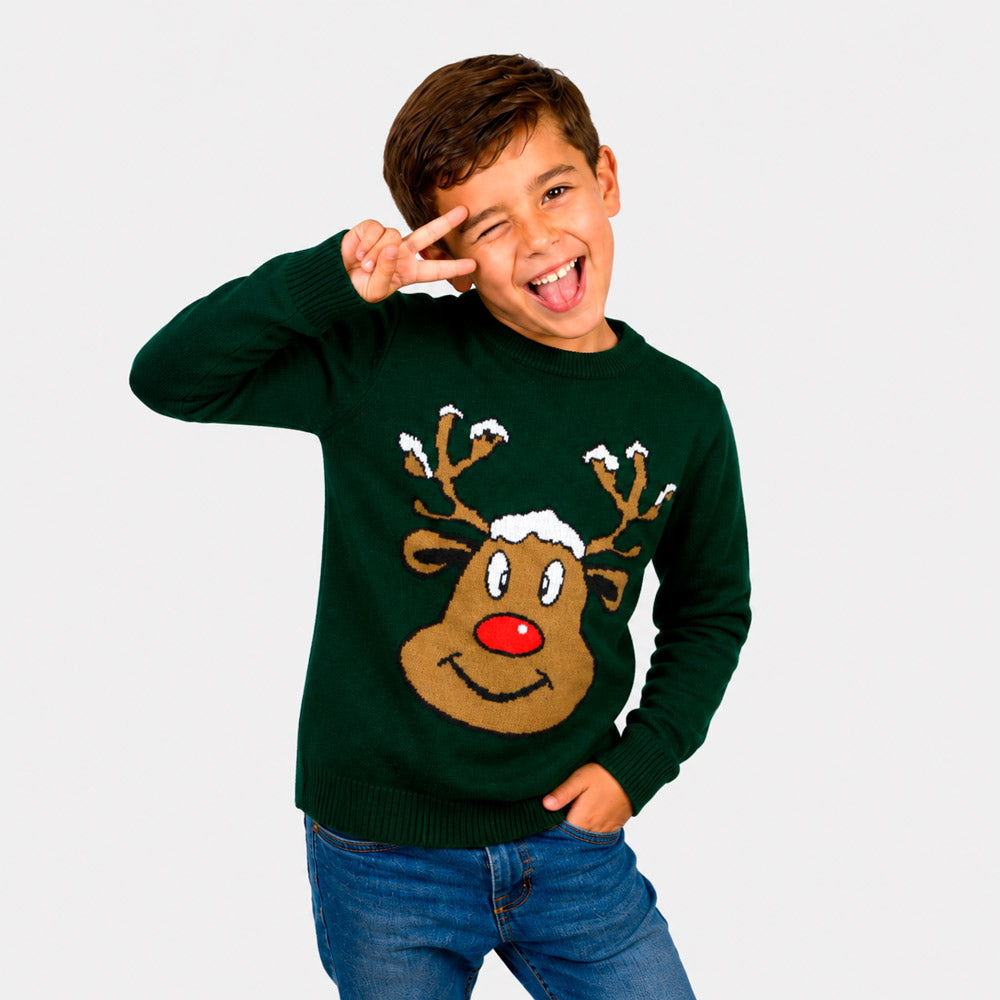 Green Family Christmas Jumper with Smiling Reindeer Boy
