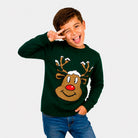 Green Family Christmas Jumper with Smiling Reindeer Boy
