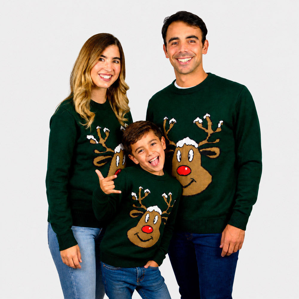 Green Family Christmas Jumper with Smiling Reindeer
