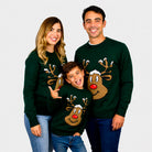 Green Family Christmas Jumper with Smiling Reindeer
