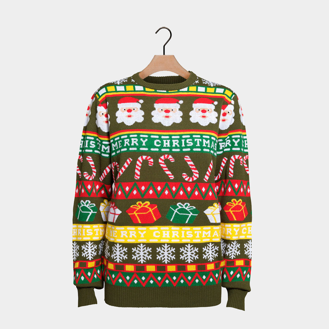 Green Men's Christmas Jumper with Santa and Gifts