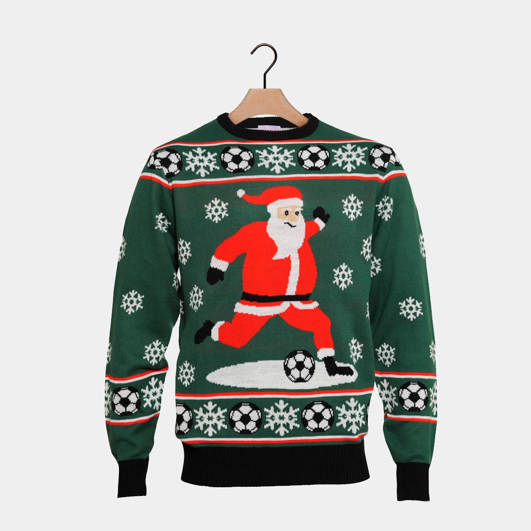 Green Men's Christmas Jumper with Santa playing Football