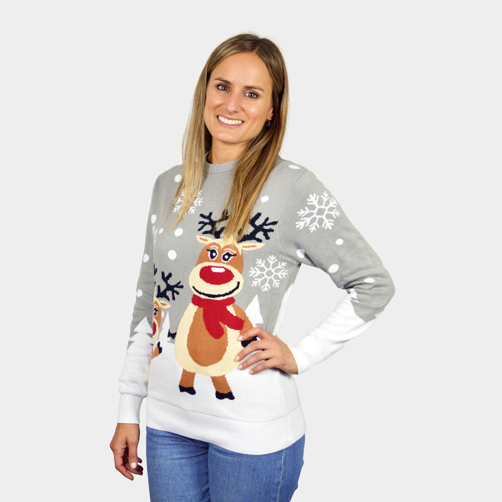 Grey Organic Cotton Couple's Christmas Jumper with Cute Reindeers womens