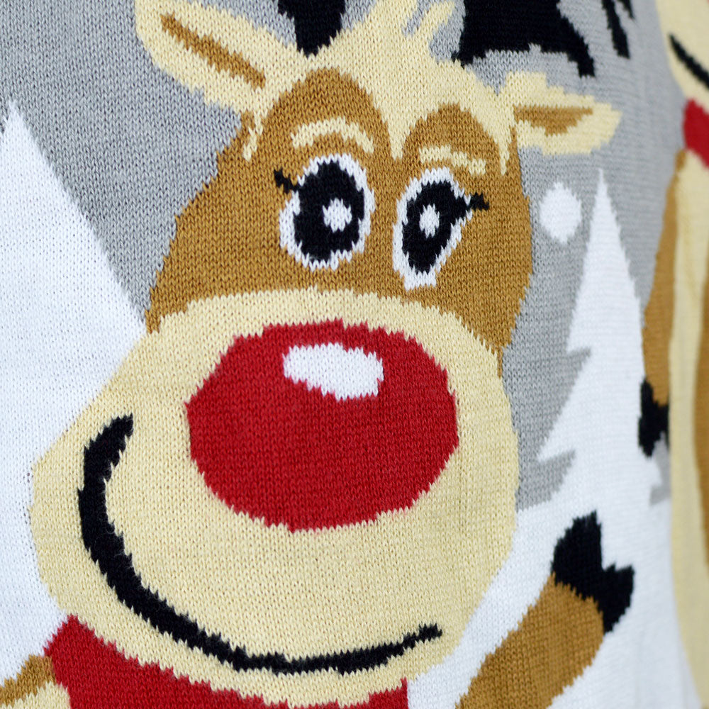 Grey Organic Cotton Men's Christmas Jumper with Cute Reindeers detail
