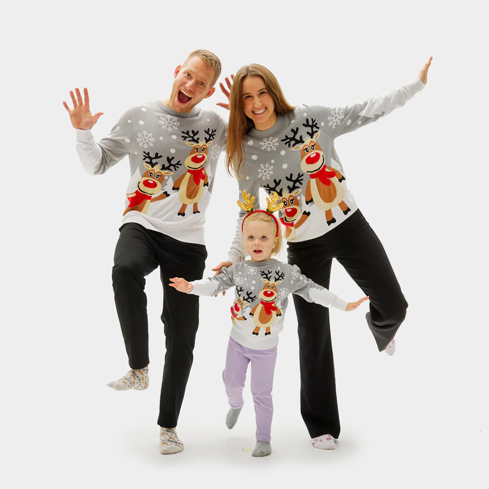 Grey Organic Cotton Womens Family Christmas Jumper Cute Reindeers
