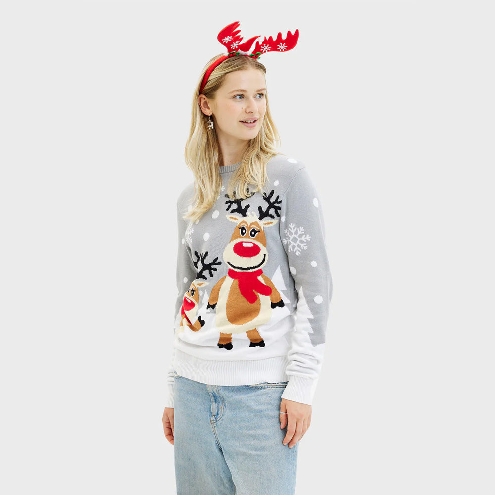 Grey Organic Cotton Womens Cute Christmas Jumper Reindeers

