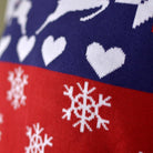 detail Red and Blue Couple's Christmas Jumper with Reindeers and Hearts