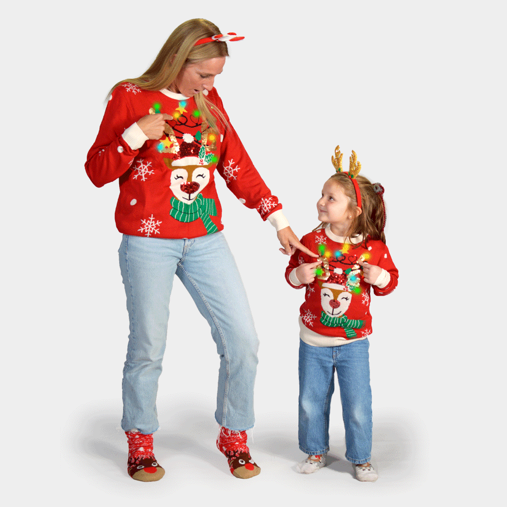 LED light-up Boys and Girls Christmas Jumper Sparkling Sequin Reindeer Family
