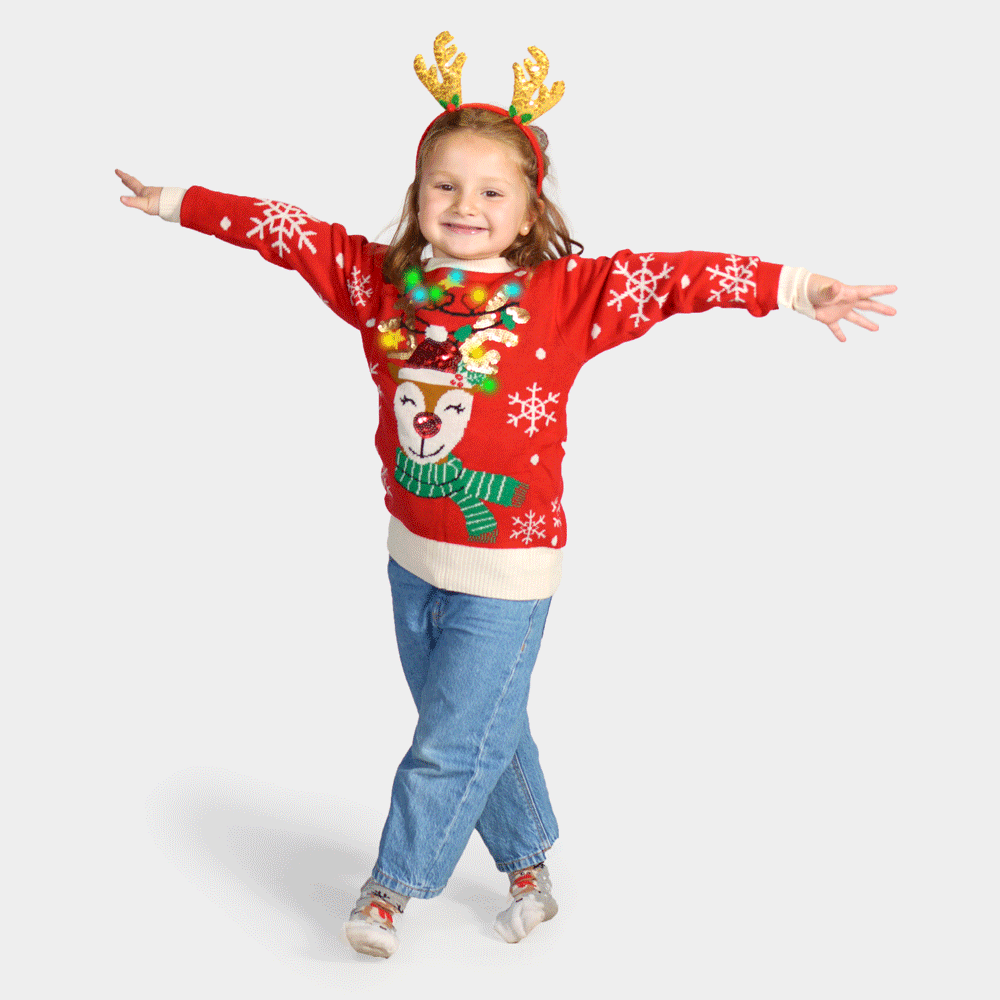 LED light-up Boys and Girls Christmas Jumper Sparkling Sequin Reindeer

