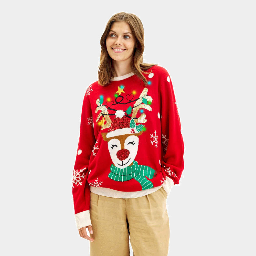 LED light-up Family Christmas Jumper Sparkling Sequin Reindeer Women
