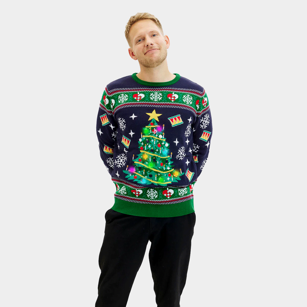 LED light-up Mens Christmas Blue Jumper with Christmas Tree

